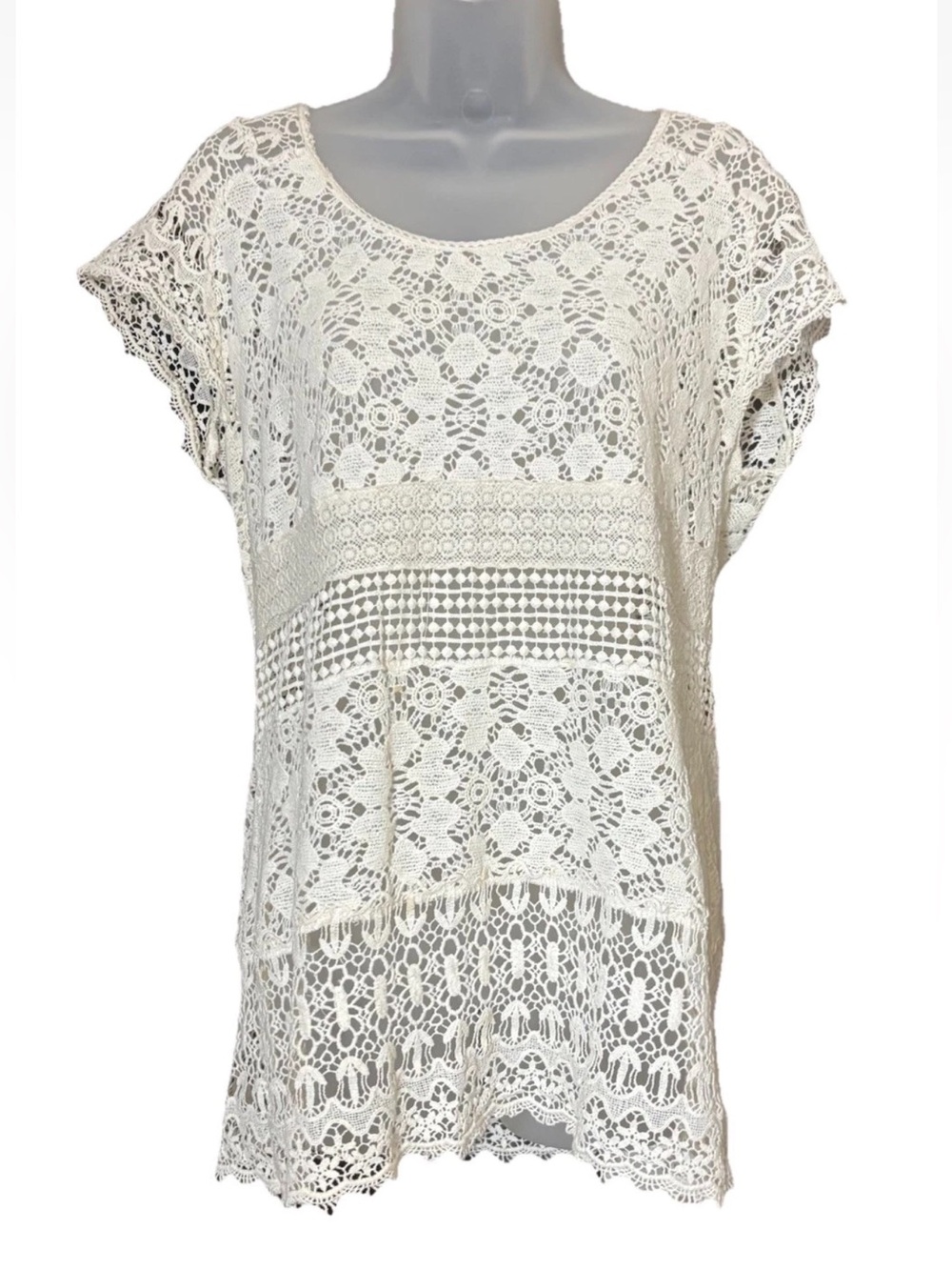 Peck & Peck Crochet Ivory Lace Coverup Top 100% Cotton Boho Hippie Size L